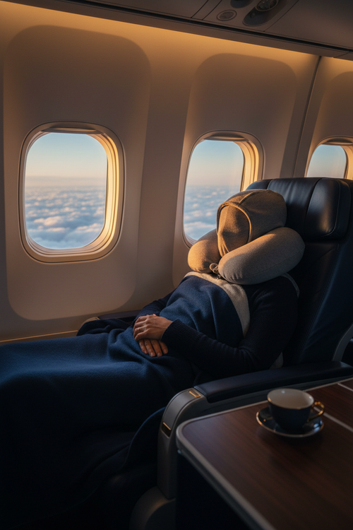 JetNest SleepHood 2-in-1 Travel Pillow in use on a plane